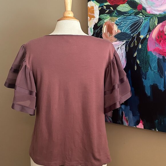 Express Mauve Sheer Panel Flutter Sleeve Blouse Women's Size Medium - Picture 2 of 8